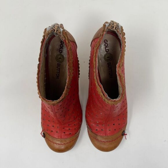 Gold Button Women's Heeled Ankle Zip Booties Real Leather Red Size EU 37 - Picture 2 of 12
